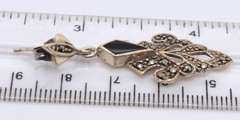 Set of 925 Sterling Silver Marcasite and Black Onyx Pendant on Chain With Dangle Earrings