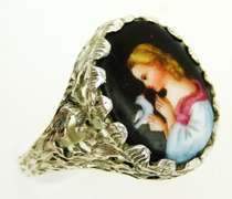 Vintage English Sterling Handpainted Ring, Size 11.75