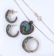 Set of Vintage Italian Sterling Silver Marcasite and CZ Pendant on Chain with Matching Ring and Earrings