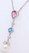 Attractive White Gold Topaz, Pearl and Diamond Dangle Pendant on Chain