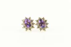10K Yellow Gold Oval Amethyst CZ Halo Classic Stud Earrings