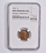 Mint Error MS62 BN 1920 Lincoln Wheat Cent Reverse Lamination NGC