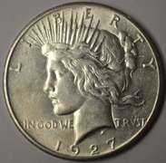 1927 Peace Silver Dollar Better Date, AU.
