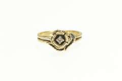 10K Yellow Gold Floral Diamond Rose Solitaire Ring