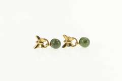 14K Yellow Gold Retro Butterfly Nephrite Sphere Ball Dangle Earrings