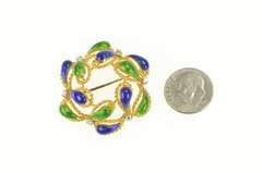 18K Yellow Gold 1950's Green Blue Enamel Domed Paisley Pin/Brooch