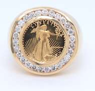 Magnificent Liberty Coin with Round Brilliant Cut Halo Diamond Ring