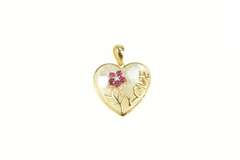 10K Yellow Gold Mother of Pearl Heart Love Ruby Diamond Flower Pendant