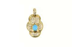 18K Yellow Gold Pave CZ Ornate Turquoise Scalloped Statement Pendant