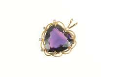 14K Yellow Gold Victorian Heart Amethyst Diamond Scalloped Pendant