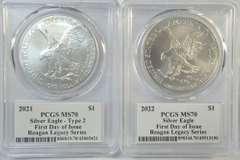 Reagan Signed 1st Day Issue PCGS MS70 2021 & 2022 $1 Eagles