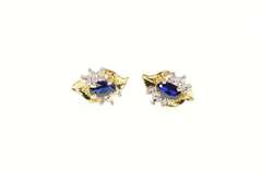 10K Yellow Gold Oval Syn. Sapphire Diamond Classic Stud Earrings