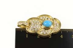 18K Yellow Gold Pave CZ Ornate Turquoise Scalloped Statement Pendant