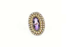 14K Yellow Gold Amethyst Seed Pearl Halo Statement Cocktail Ring