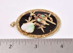 Ornate Chinese Themed Black Stone Pendant in 14K Yellow Gold with Jade, Sapphires, and Rubies