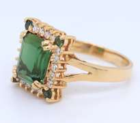 Attractive 18kt Emerald Cut Green Tourmaline with Round Green Tourmaline and Diamond Ring