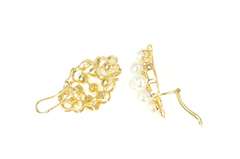14K Yellow Gold Ornate Designer Pearl Diamond Cluster Clip Earrings