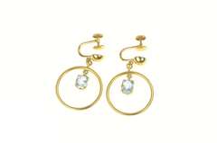 14K Yellow Gold 1950's Blue Topaz Circle Dangle Screw Back Earrings