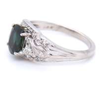 Vintage White Gold oval Green Sapphire and Single Cut Diamond Ring
