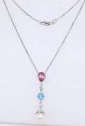 Attractive White Gold Topaz, Pearl and Diamond Dangle Pendant on Chain