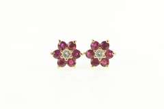 14K Yellow Gold Diamond Ruby Flower Halo Cluster Stud Earrings