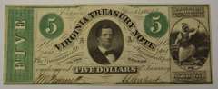 May 13th 1862 $5 Virginia Treasury Note, Circulated.