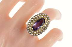 14K Yellow Gold Amethyst Seed Pearl Halo Statement Cocktail Ring