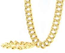 Polished Yellow Gold Double Link Wide Bracelet and Necklace Set