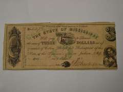 April 1st 1862 State Of Mississippi $3 Obsolete Note, Circulated.