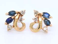 Fabulous 18kt Yellow Gold Marquise Shaped Blue Sapphire and Diamond Earrings