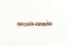 14K Yellow Gold Three Stone Oval Amethyst Curved Bar Earrings