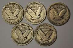 Lot Of 5 Different Full Date Standing Liberty Quarters, Circulated.