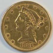 Upper end 1881 US $5 Liberty Gold Piece. Full strike