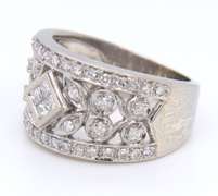 Dramatic White Gold Mixed Cut Diamond Migraine Floral Wide Diamond Band