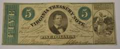 May 13th 1862 $5 Virginia Treasury Note, Circulated.