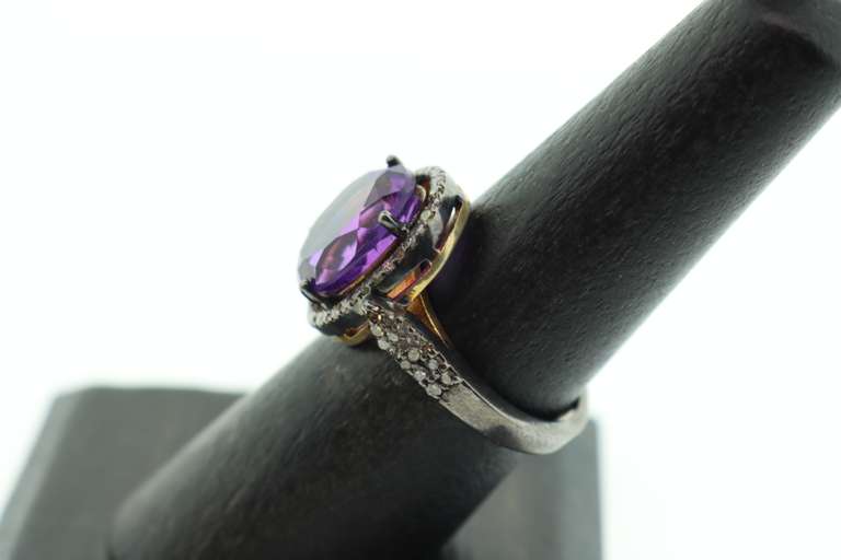 Haunting Amethyst Dark Silver Ring with Diamond Accents