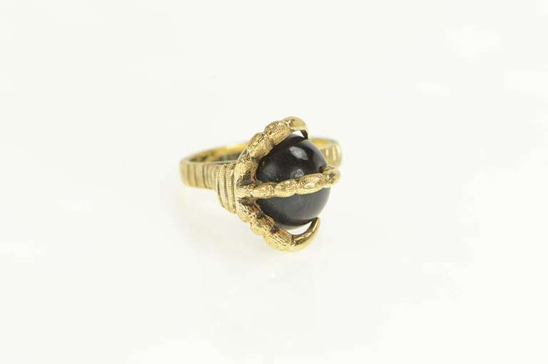 14K Yellow Gold 1940's Black Cat's Eye Dragon Eagle Claw Ring