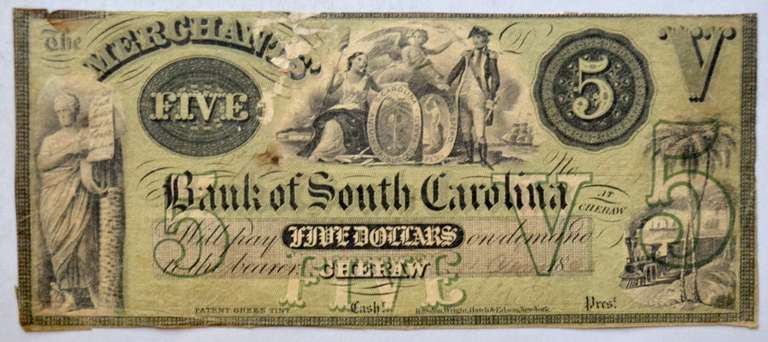$5 Bank of South Carolina Cheraw Note