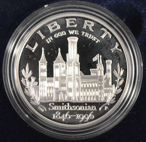 1996 Proof Smithsonian Institution 150th Anniversary Commemorative Silver Dollar.