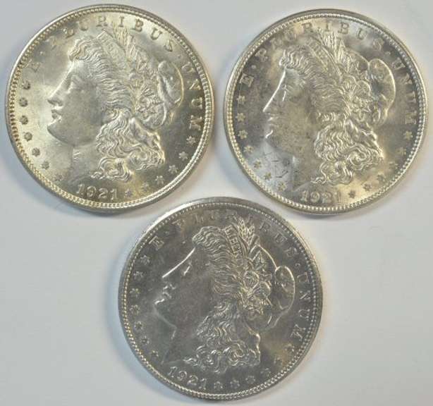 Real flashy-white BU 1921 P-D-S Morgan Silver Dollars