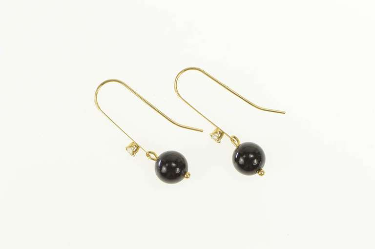 14K Yellow Gold Black Onyx Ball CZ Accent Dangle Hook Earrings