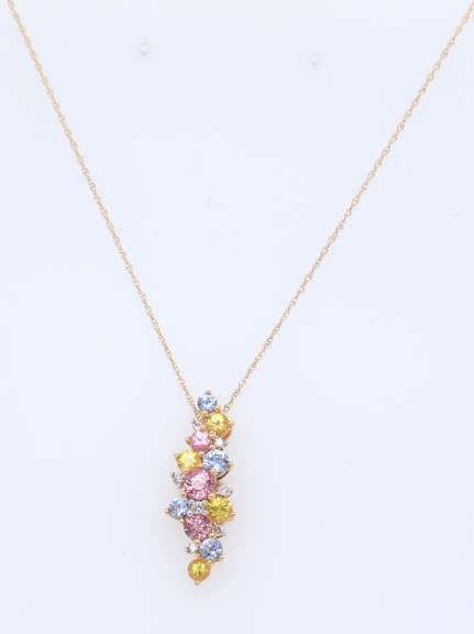 Charming Yellow Gold Multi Color Sapphire Pendant on Chain
