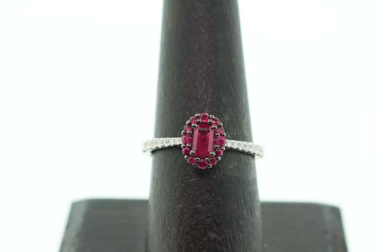 Exotic Crimson Ruby Halo Ring flanked with Diamonds on an 18k White Gold Band