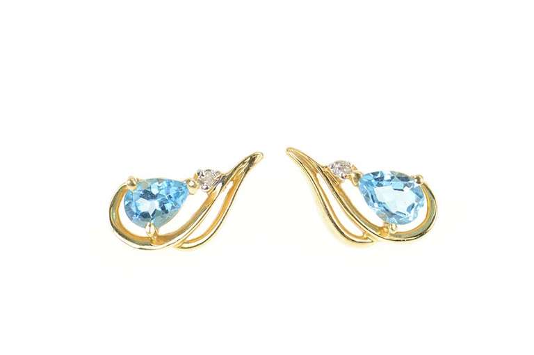 14K Yellow Gold Pear Blue Topaz Diamond Accent Stud Earrings