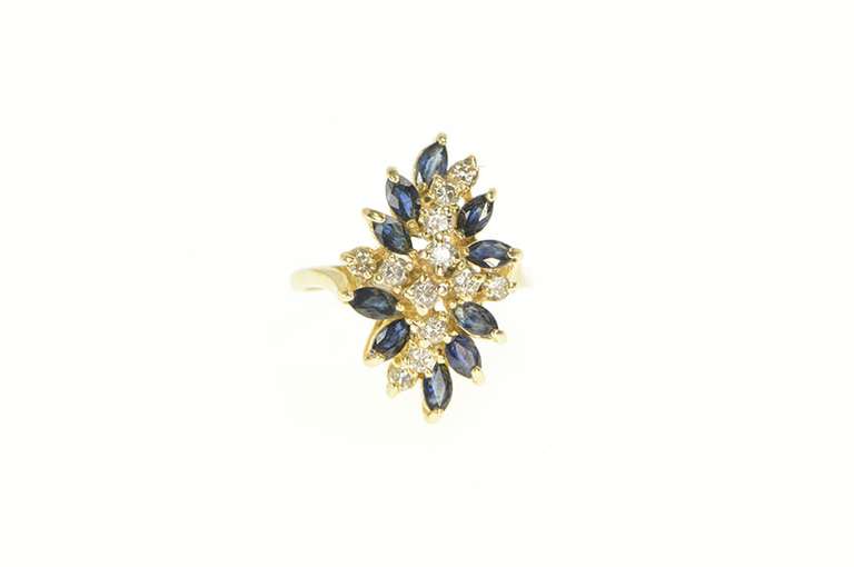 14K Yellow Gold Marquise Sapphire Diamond Cluster Bypass Ring