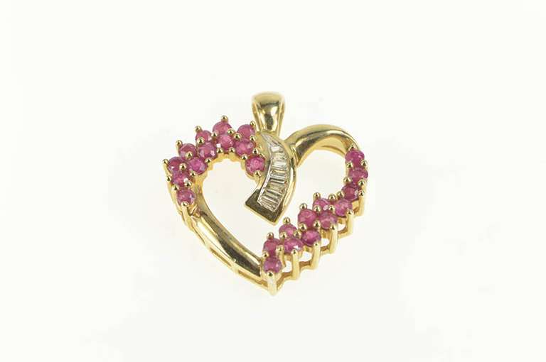 10K Yellow Gold 1.40 Ctw Baguette Diamond Ruby Heart Love Pendant