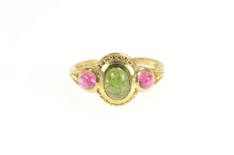 10K Yellow Gold Watermelon Tourmaline Cabochon Statement Ring