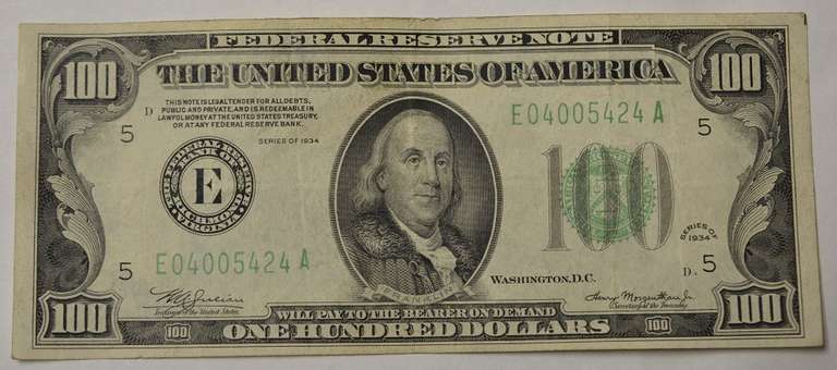 Series 1934 $100 Federal Reserve Note, Circulated.
