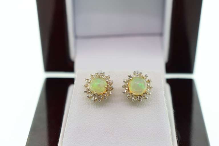14kt Gold Plated Sterling Silver, Opal, & Diamond Earrings