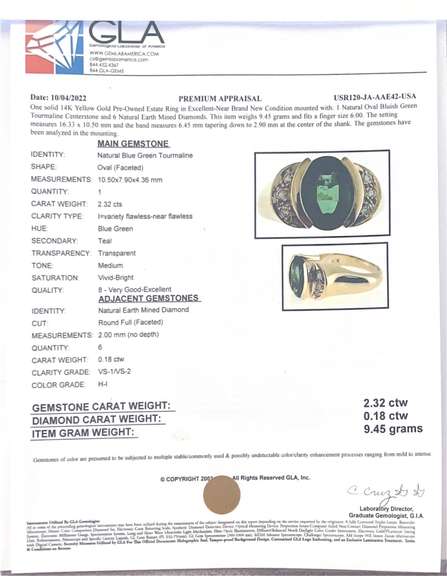 Immaculate Approx. 3.15CTS Tourmaline and Diamond Ring in 14K Yellow Gold